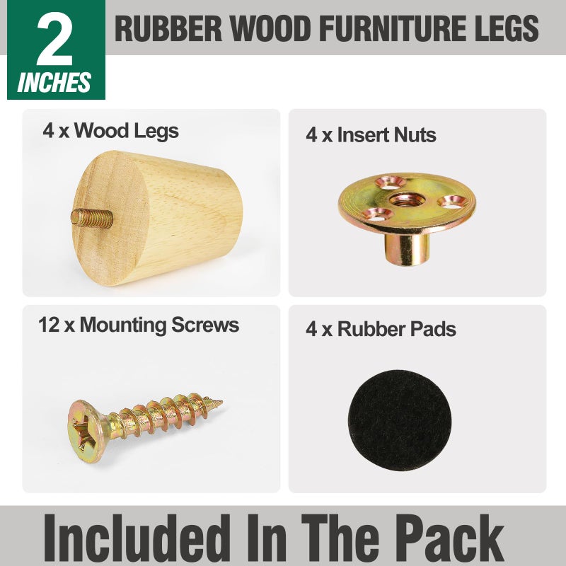 FoDau770 Rubber Wood Furniture Legs 2 Inches, Slant Tapered Wood Legs Mid Century Sofa Legs Set of 4, 5/16"" UNC Furniture Feet Replacement Legs for Cabinet Sofa Couch Dresser Chair Ottoman Table - Image 2